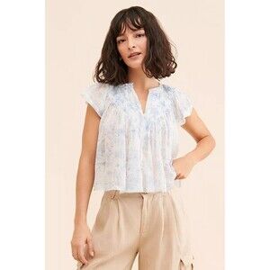 Free People FP One Printed Padma Blouse Top Floral Flutter Cotton Ivory S 286253